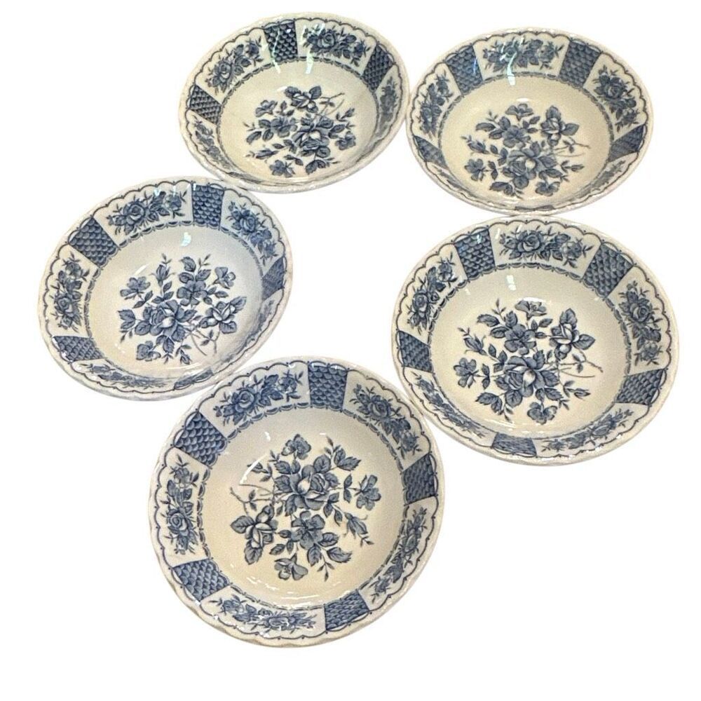 Vtg Myotts Melody England x5 rose decor blue copper print transferware, France c